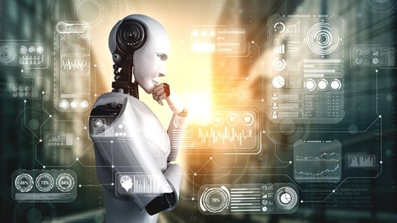 Robot in thinking pose looking at a wall of data outputs