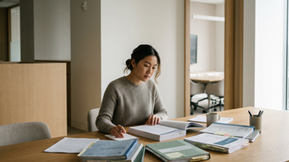 Employee reviewing multiple rule books and plans